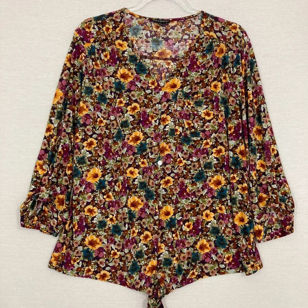Ava & Grace Multi Color‎ Floral Tie Front Soft Stretch Button Down Large